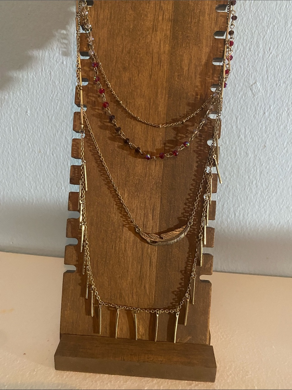 Gold & Red Multi-Layer Feather & Bead Necklace - Women Jewelry